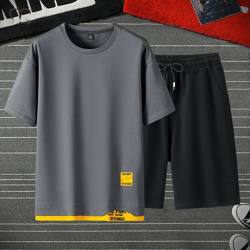 

casual sportswear clothing summer suit men tracksuit fashion fitness sportssuit short sleeve t shirt shorts 2 pcs male set, Gray