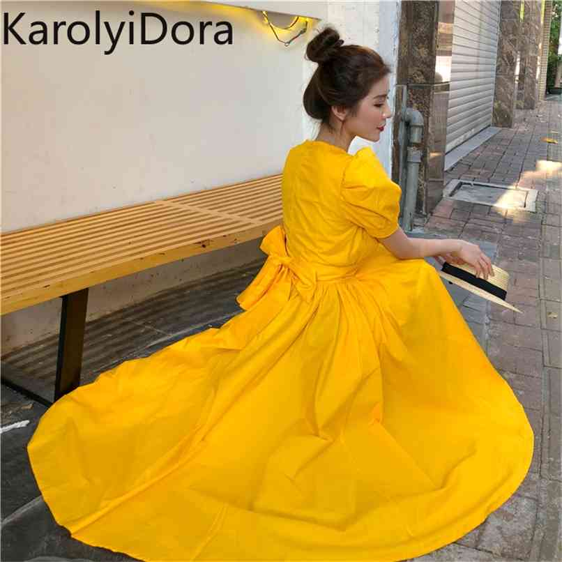 

Women's dresses Summer Women Vintage Loose High Waist Slim Was Thin Elegant Solid Color Bow Big Swing Maxi Dress 210520, Yellow