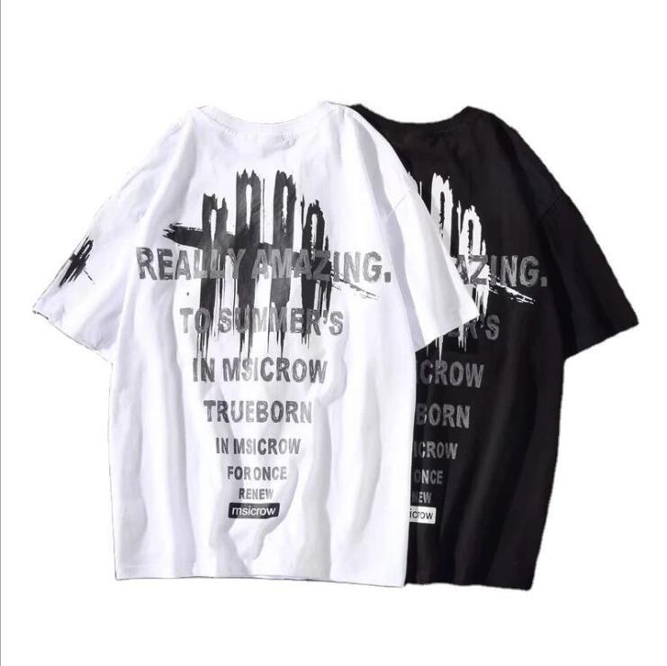 

Summer Men's T shirt Trend Loose Hip Hop Letter Print Short Sleeve, White;black