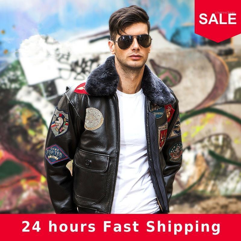 

Men' Leather & Faux 2021 Men Black Top Gun Pilot Jacket Plus Size 3XL Wool Collar Genuine Cowhide Military Coat Can Customized, Black 2