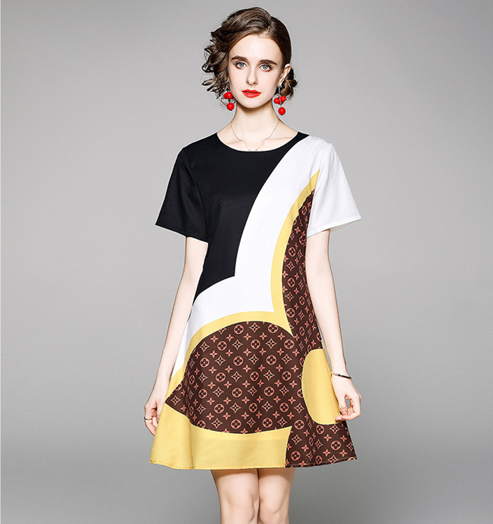 

Fashion Printed Mini Women Dress Crew Neck Short Sleeve 2021 Runway Casual Office Ladies Dresses Summer Autumn Beautiful Slim A-Line Busines, Black;gray