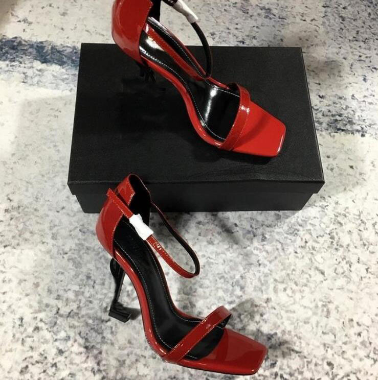 

Luxury Women sandals high heels red bottom shoes Lady Heeled Sandal Opyum amber black patent leather buckle ankle strap shoe square toe 35-42