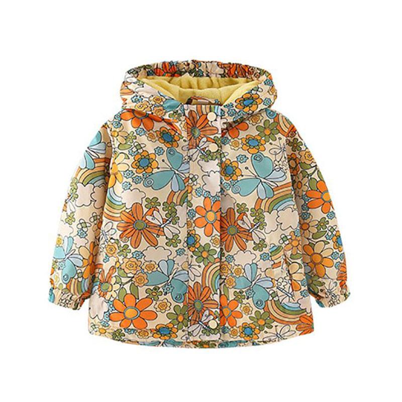 

Coat Spring Autumn Thicken Hooded Girls Windbreaker 2022 Fashion Cartoon Flower Print Plus Velvet Children's 2-7Y, Blue;gray