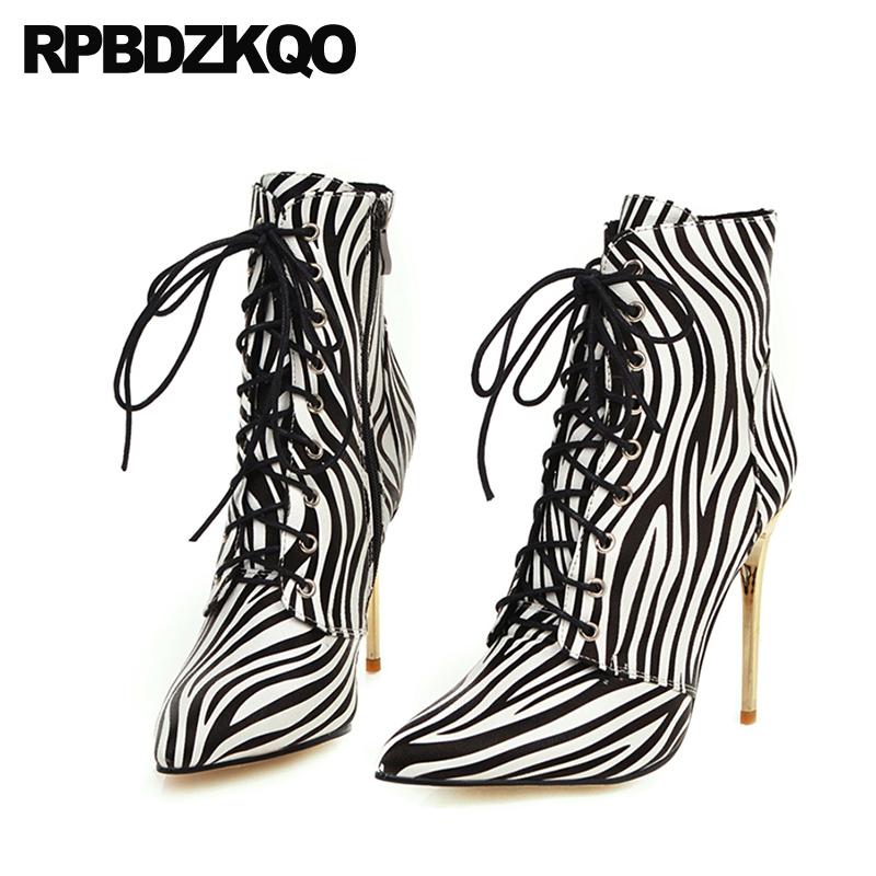 

Boots Shoes Booties Extreme Lace Up Black And White Waterproof High Heel Metal Stiletto Big Size Fetish 13 45 Pointed Toe Women