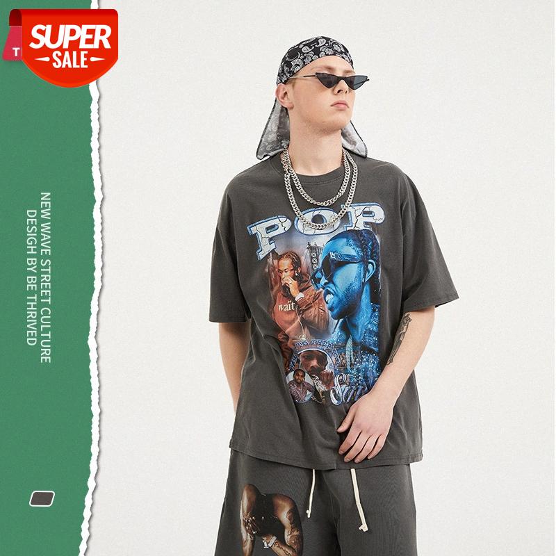 

POP smoke print short-sleeved retro T-shirt men #Qy3Q, Dark gray