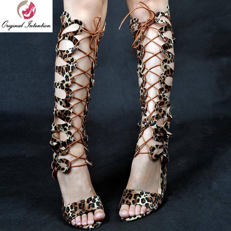

Dress Shoes Original Intention Sexy Wedges Heels Women Pumps Summer Knee High Boot Open Toe Cross-tied Leopard Black Plus Size