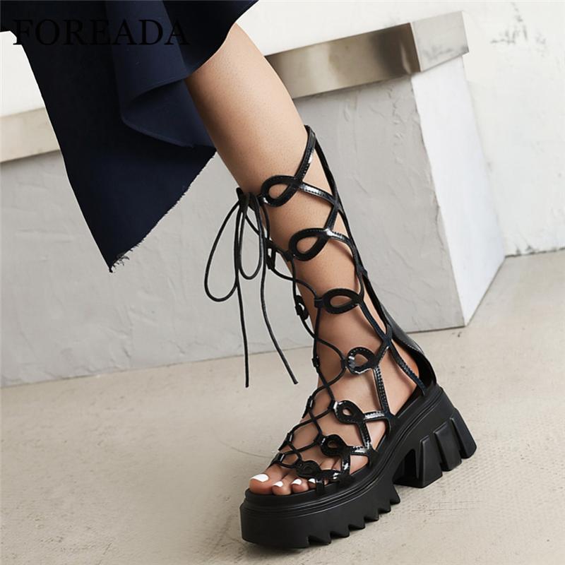 

Dress Shoes FOREADA Women Sandals Punk Style Patent Leather Platform Block High Heels Narrow Band Ladies Footwear Summer 36-43, Black