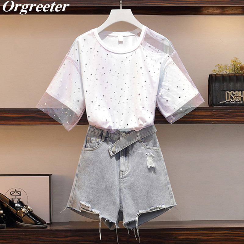 

Separately sale Summer 2 Piece Set Women Gradient Mesh Star Sequins Sunscreen Tshirt + High waist Hole Denim Shorts Suits 210525, Only tshirt