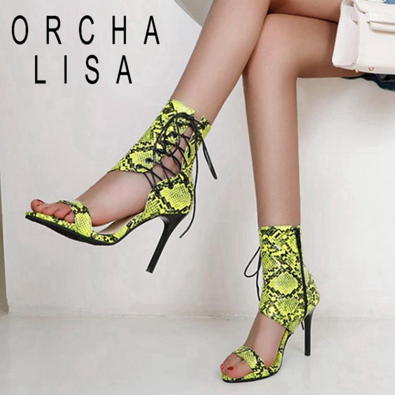 

2021 Women Sandals Open Toe 10cm High Thin Heels Lace-Up Zipper Snake-Skin Sexy Big Size 30-48 Party Orange A3485, Black