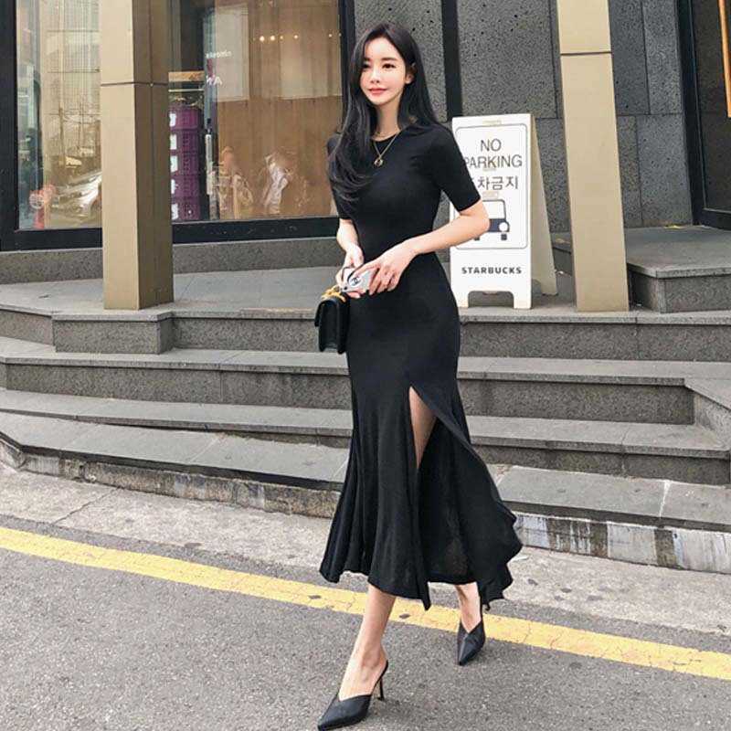 

summer Korean version of the slim slimming tight hip modal short sleeve sexy split big swing dress Natural Regular 210603, Black