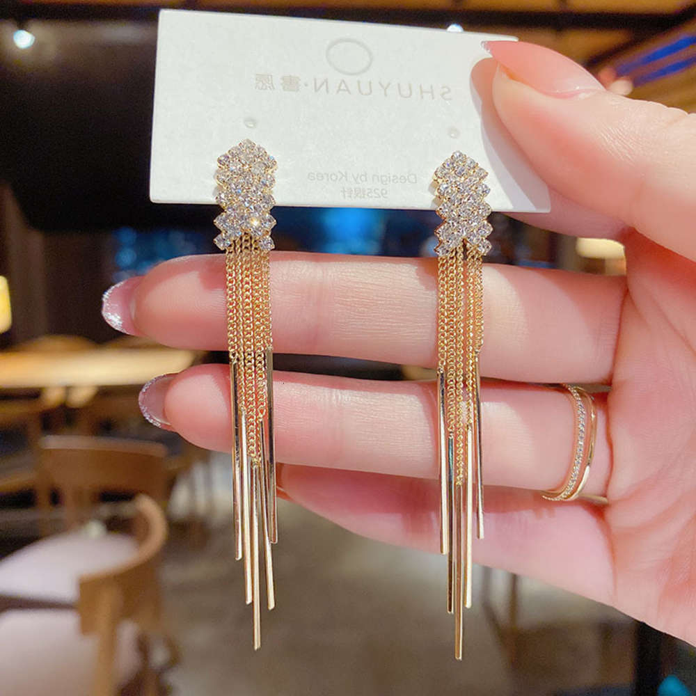 

earrings 925 silver needle Diamond Long tassel inlaid diamond earrings female Korean temperament fashion personality Earrings net red face thin, Golden