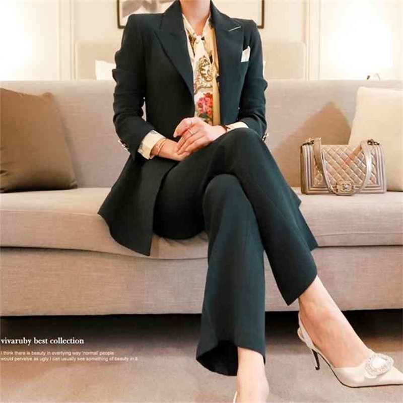 

Autumn Winter Long Sleeve Formal Professional Women Business Suits with Pants and Jackets Coat Ladies Office Blazers Set 210603, Picture color