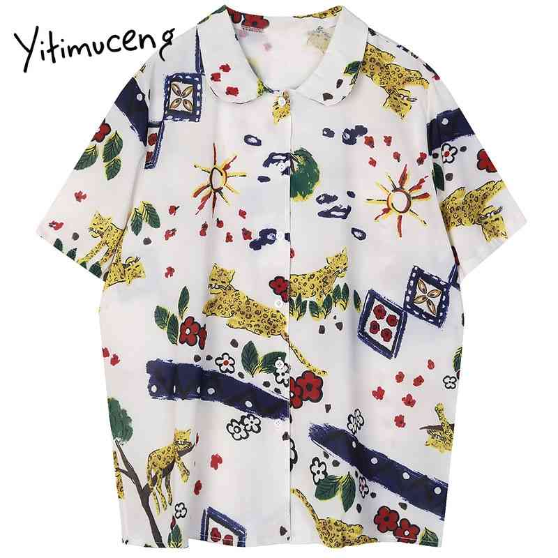 

Yitimuceng Print Blouse Women Button Up Shirts Loose Summer Korean Turn-down Collar Single Breasted Short Sleeve Tops 210601, Mixed color