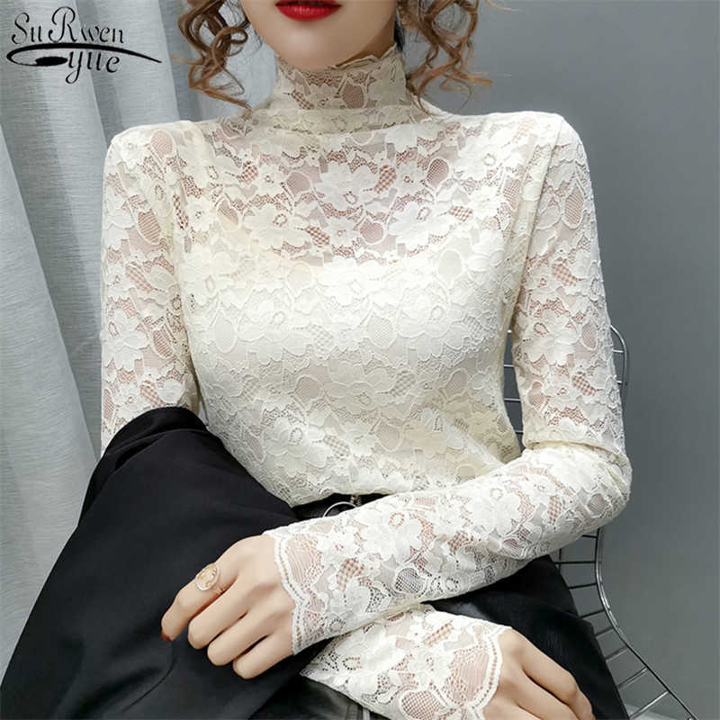 

Fashion Women Blouses Sexy Lace Tops Autumn Long Sleeve Hollow Out Woman's Shirts Slim Lady Clothing Korean Style 10812 210527, Apricot