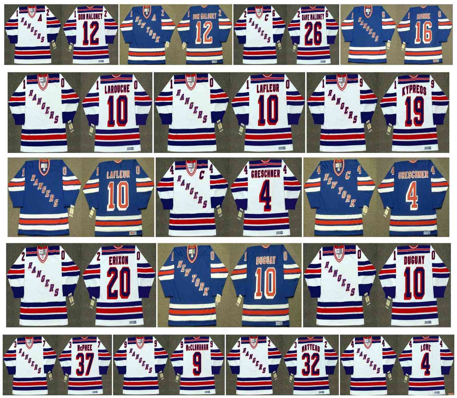 

Vintage New York Rangers Jersey 26 DAVE MALONEY 16 Marcel Dionne 37 GEORGE McPHEE 9 ROB McCLANAHAN 32 STEPHANE MATTEAU 4 Kevin Lowe Hockey, Black