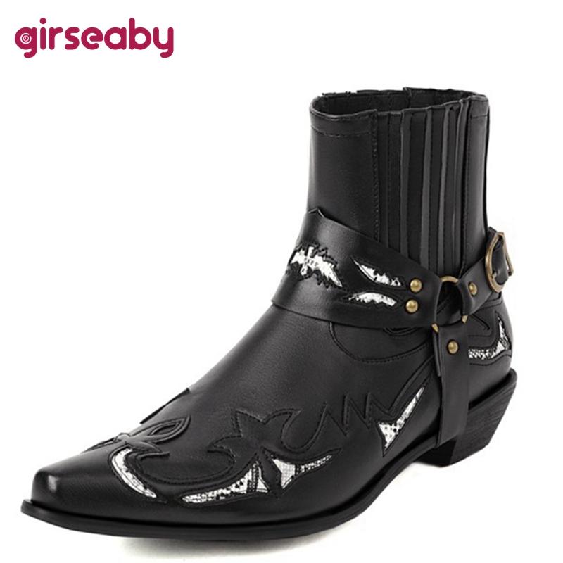 

Boots Girseaby 2021 Knight Ankle Lace Up Cowboy Appliques Embroider Short Plush Belt Buckle Thick Heel US17 Black Brown A4425