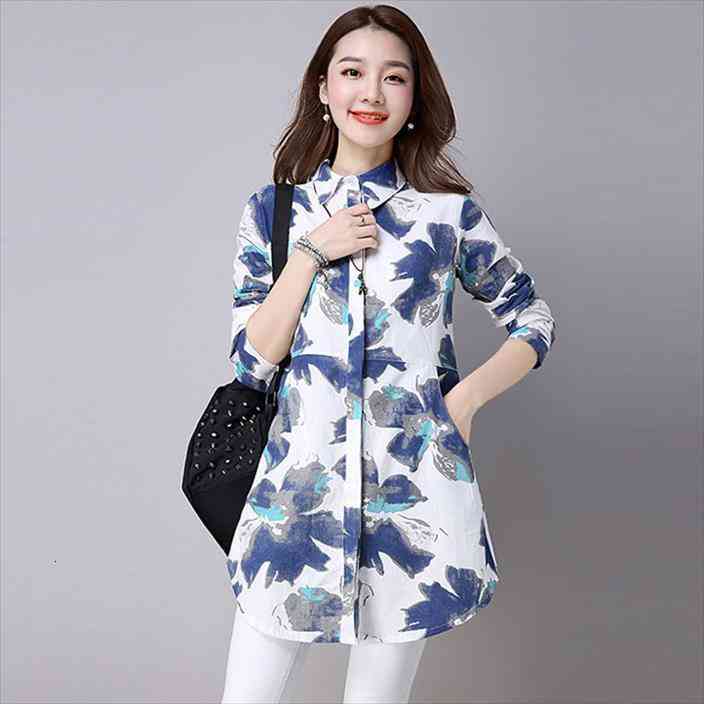 

2936 Chinese Linen Shirt Women White Long Sleeve Retro Floral Print Shirt Women Cotton Long Linen Blouse Female Vintage Tunics