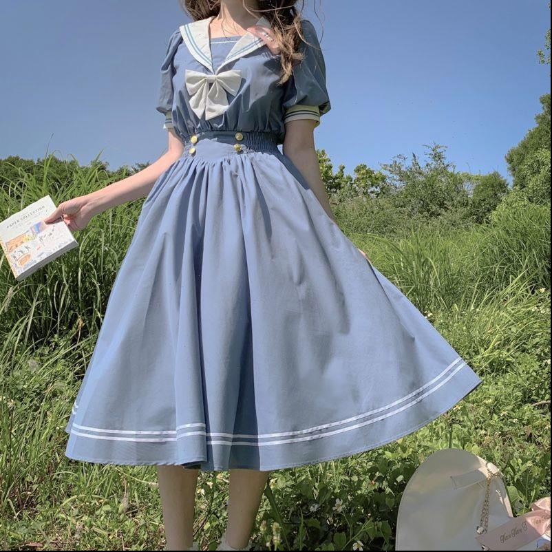 

womens dresses harajuku sailor collar navy dress japanese lolita sweet bow knot girl retro cotton kawaii preppy style long sleeve, Black;gray