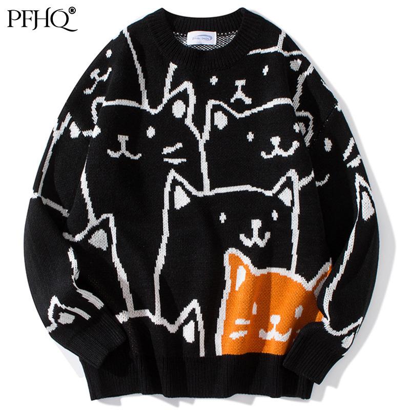 

Men's Sweaters PFHQ 2021 Autumn And Winter Cartoon Cat Jacquard Sweater Korean Style Casual Round Neck Knitted Pullover 21B108, White;black