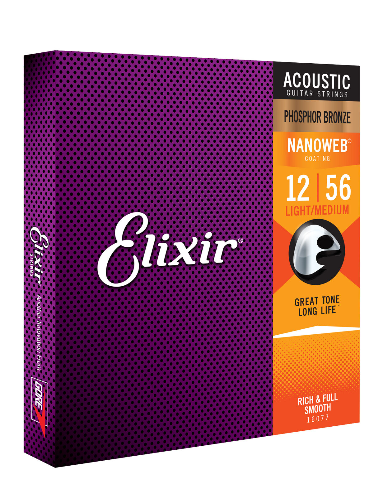 

1 Sets Elixir Acoustic Guitar Strings 16077 Nanoweb Phosphor Bronze Light-Medium 12-56 Played for a crisp, bright tone with an expressive vibrant presence