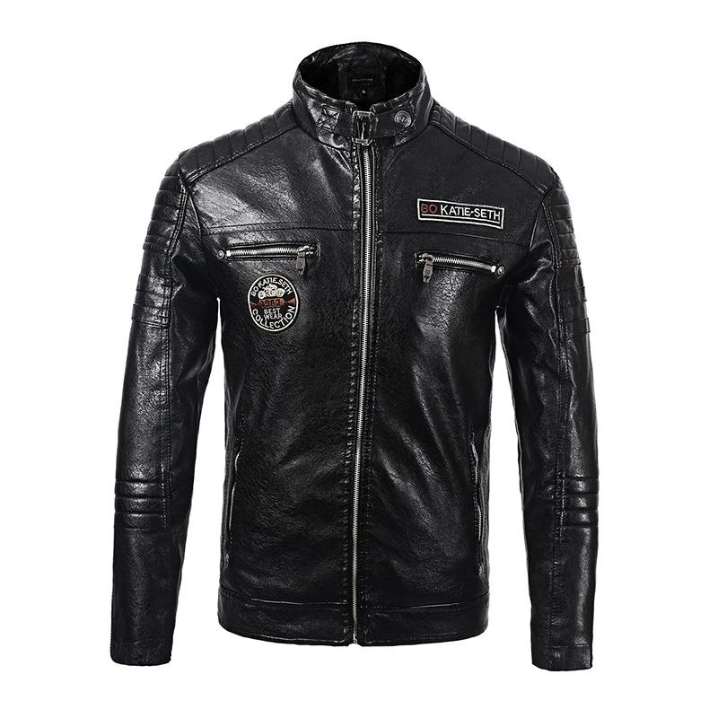 

Autumn Winter Fashion Men's Motorcycle Pu Leather Jacket Casual Fleece Stand Collar Zipper Clothes Male Fur & Faux, Black