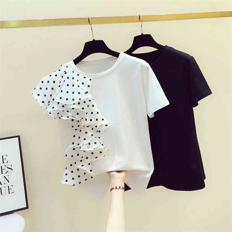 

Plus size Polka Dot Ruffled T-shirt Female Stitching Summer Short-sleeved Korean T-shirts Irregular Loose Tops 210708, White