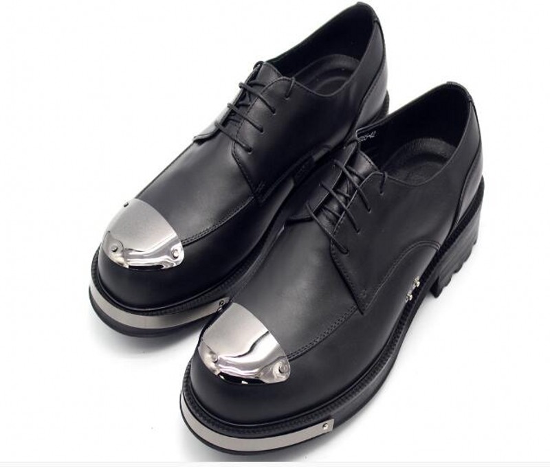 

Mens Derby Shoes Flats Thick heel Genuine leather Metal toe British Style Mens Dress Shoes, Black