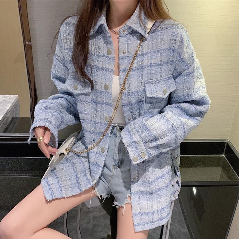 

Women's Jackets Tweed Jacket Women Vintage Oversize Plaid Woolen Coat Autumn Korean Chic Ladies Streetwear Loose Elegant Female Outwear, Black;brown