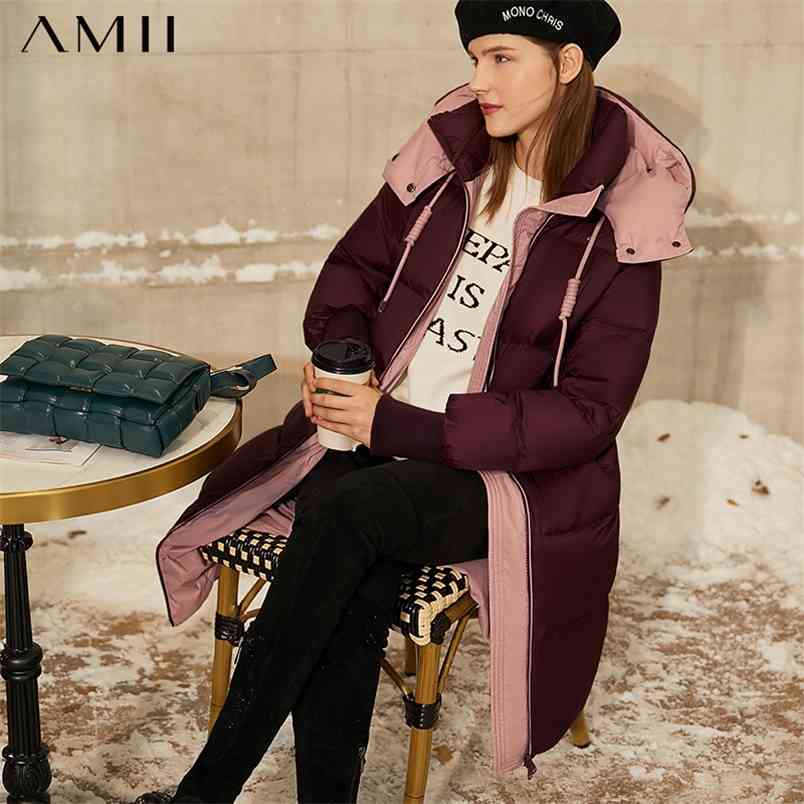 

Minimalism Winter Women's Down Jacket Fashion Patchwork Hooded Zipper Knee-length White Duck Coat Women 12070297 210527, Red
