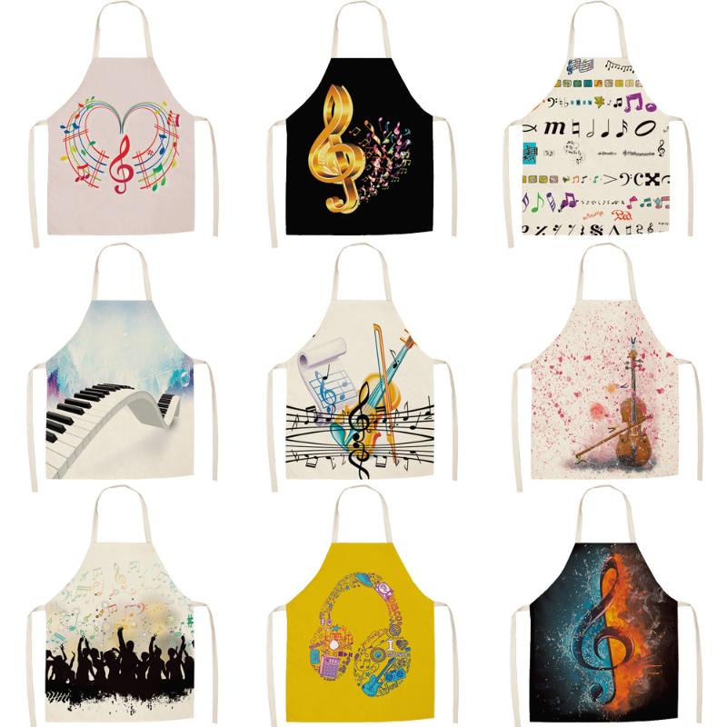 

Musical Instrument Note Pattern Linen Aprons Home Cooking Bibs Baking Waist Coffee Cleaning Kitchen Accessories 68*55cm