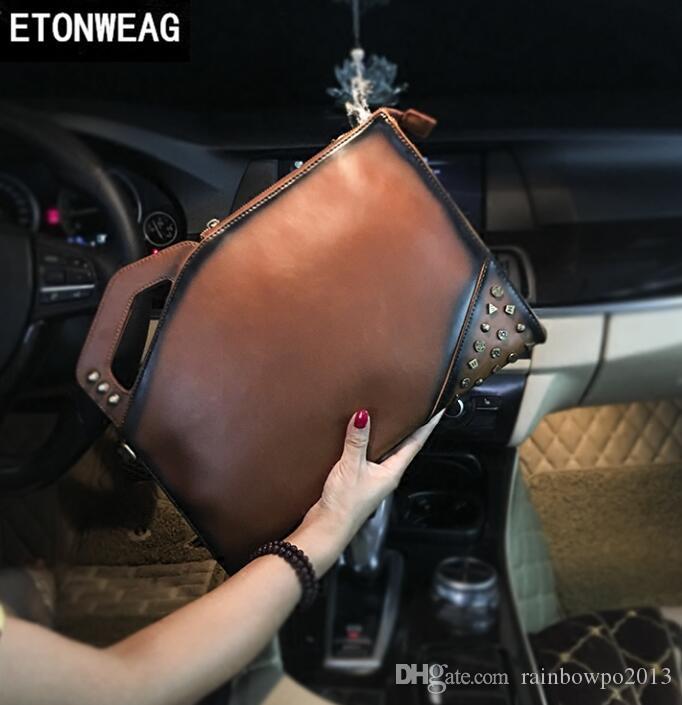 

Factory wholesale Brand Men Bag Retro Mad Horse PU Leather Handbag Individual Ancient Rivet Punk Mens Wrist Bags Trend Rivets Slant Shoulde, Brown