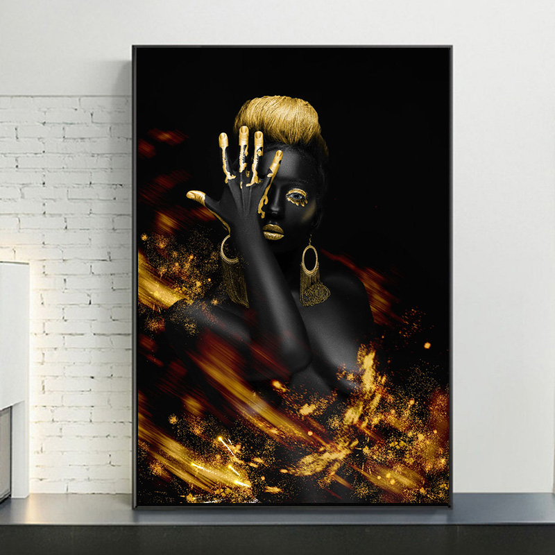 

Canvas Painting Golden Black Woman Wall Art Pictures Posters and Prints for living room Modern Sexy Girl Decoration