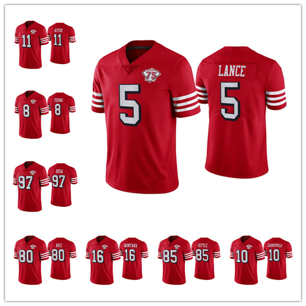 

SanFrancisco49ersMEN George Kittle Steve Young Jerry Rice Trey Lance Jimmy Garoppolo Brandon Aiyuk 75th Anniversary Patch Scarlet Jersey