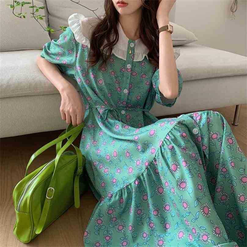 

Peter Pan Collar Femme Retro Gentle OL Lady Prom Summer Slim Florals Printing Party Stylish Long Dresses Vestidos 210525, Green