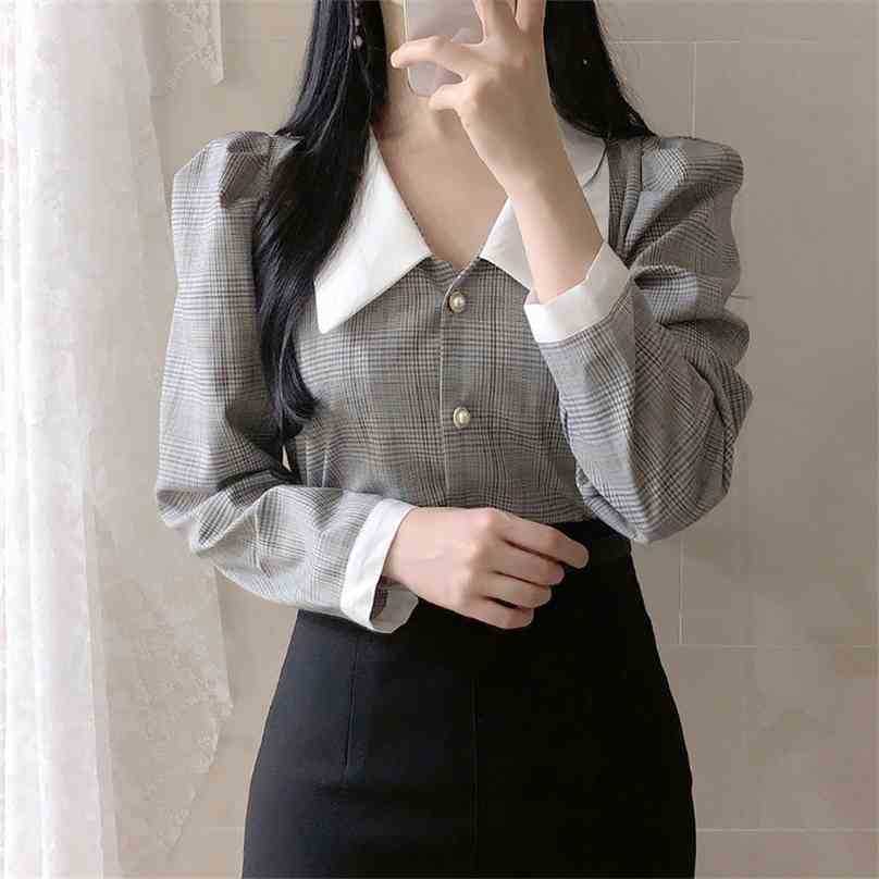 

Pearls Vintage Full Sleeves Streetwear Tops All Match High Quality Office Lady Large Size Chic Shirts 210525, Grey