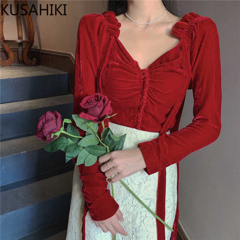 

Red Velour Women Blouse Korean Ribbon Sexy V-neck Slim Shirt Spring Elegant Blusas Mujer De Moda 6F006 210603