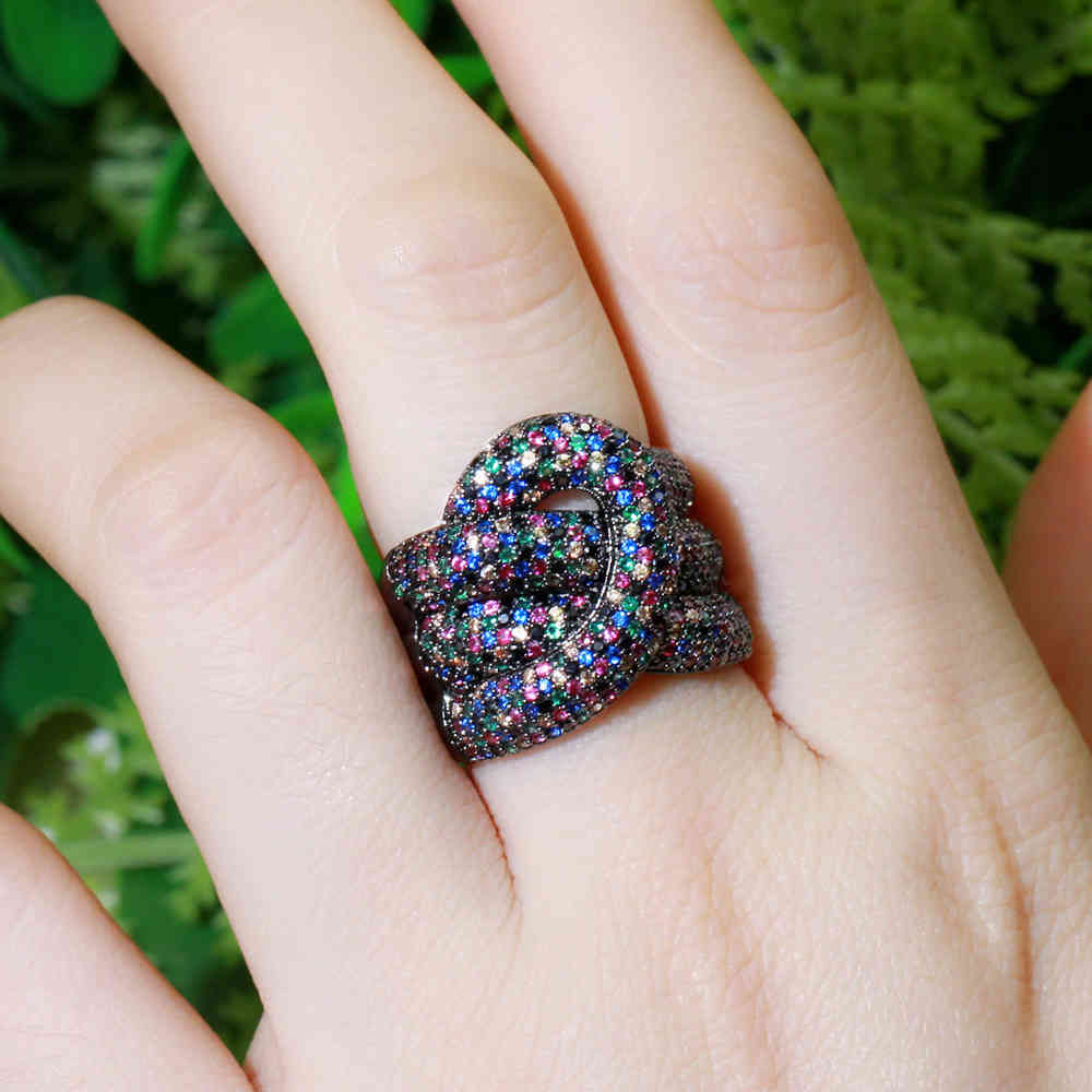 

CWWZircons Adjustable Black Gold Multi Color Micro Pave Cubic Zirconia Stones Geometric Snake Finger Rings for Women Party R188