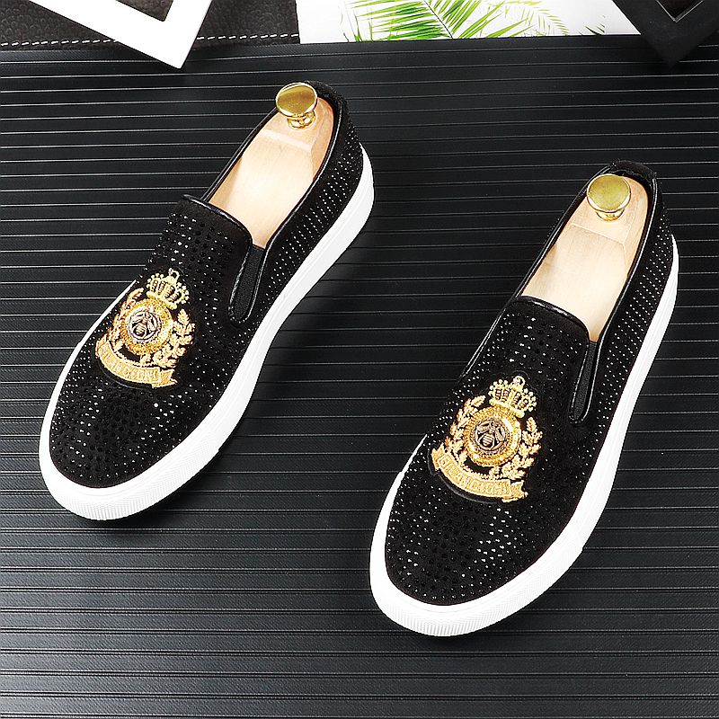 

Fashion Suede Leather Embroidery Rhinestone Loafers Mens Casual Printed Moccasins Shoes Male Party Driving Flats, Black 1