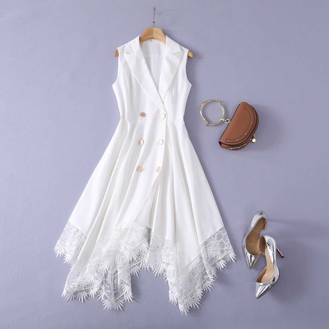 

HIGH QUALITY Summer est Women's Sexy V-Neck Double Breasted Sleeveless Patchwork Asymmetrical Lace Elegant Dress 210526, Black