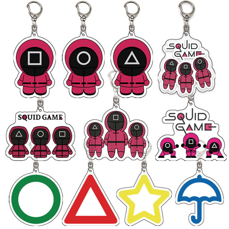 

Squid Game Keychain Soldier Spopular Triangle Series Creative Acrylic KeyRing for Women Man Pocket Key Pendant Decoration Gift