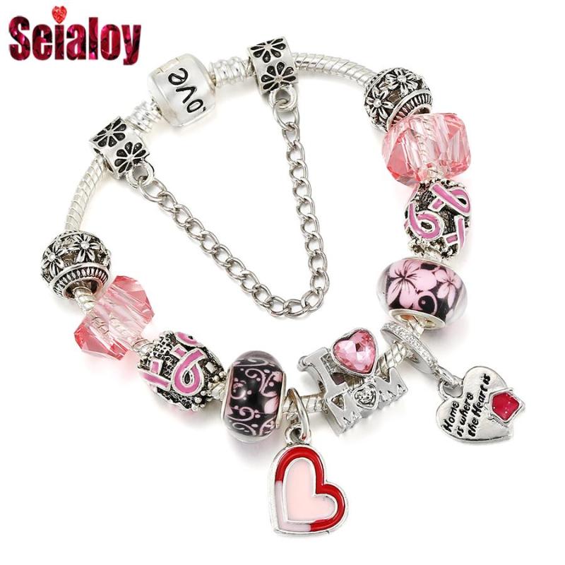 

Charm Bracelets Seialoy Pink Heart House Pendant For Girls Women Original Red Crystal I LOVE MOM Beads Bracelet Xmas Kids Gifts