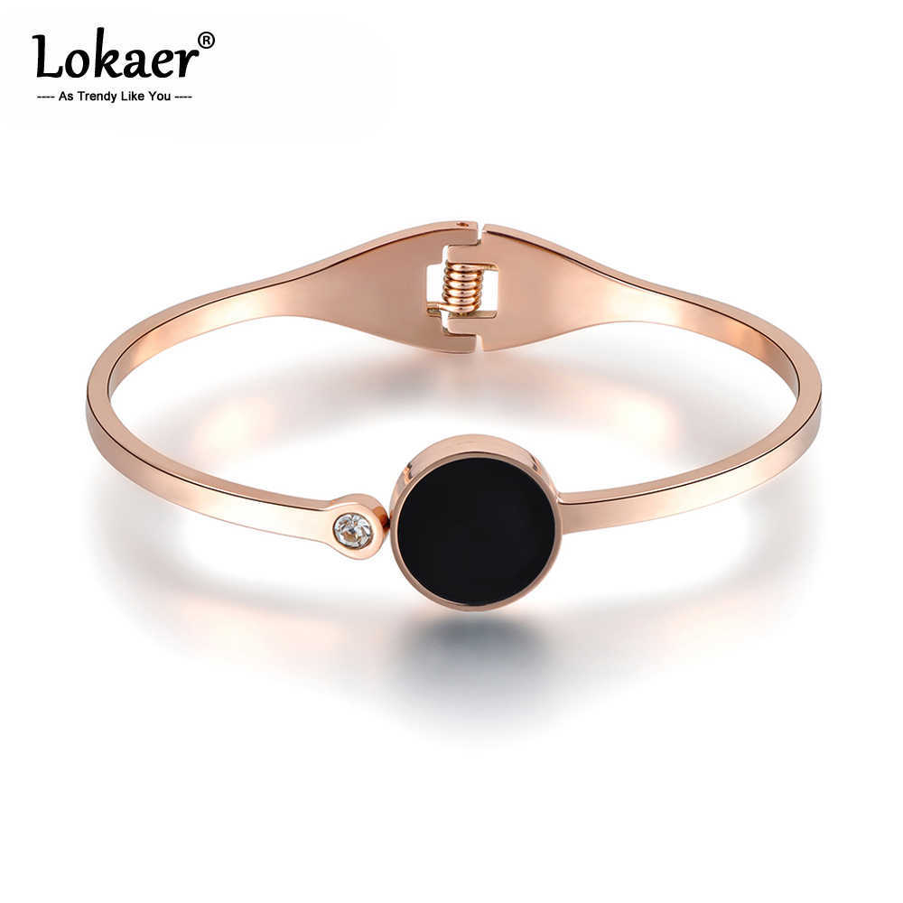 

Lokaer Rose Gold Color Single Rhinestone Bangles for Women Stainless Steel Black Acrylic Lover Charm Bracelets & Bangles B17028 Q0719