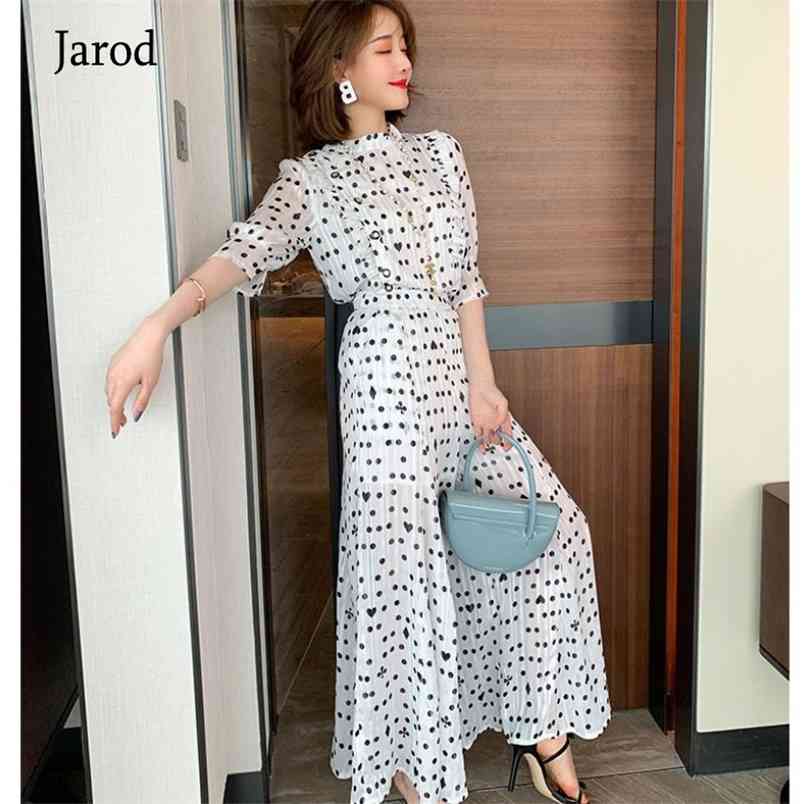 

Fashion Women Polka Dot Trousers Suit Summer Chiffon O Neck Ruffles Shirt + Holiday Ladies Pleated Wide-Leg Length Pants Set 210519, Black