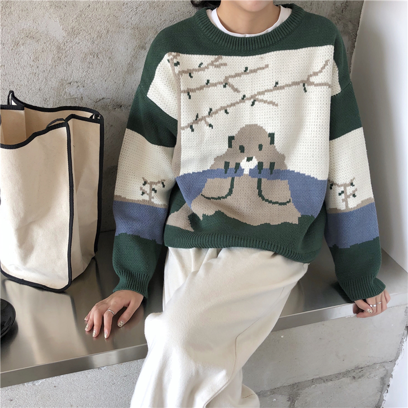 

korean ins style Knitted Sweaters Women Casual O Neck Loose Long Sleeve Sweater Female cartoon Jumpers (B8688, White;black