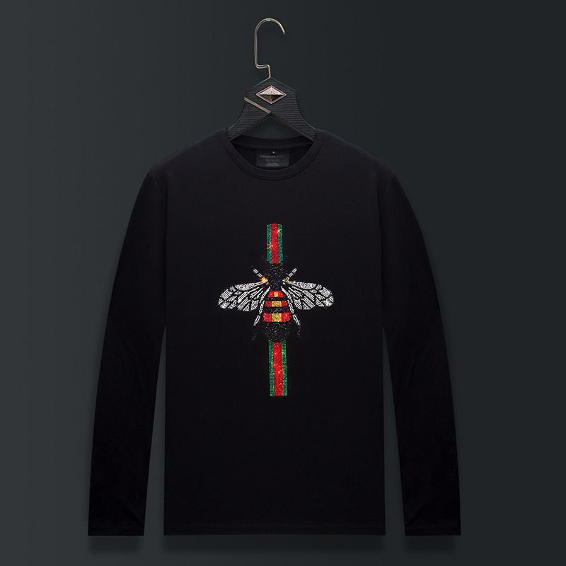 

fashion fleece hoodies 2021 spring bee long sleeve t shirt men's drill modal round neck simple slim fit large, Black