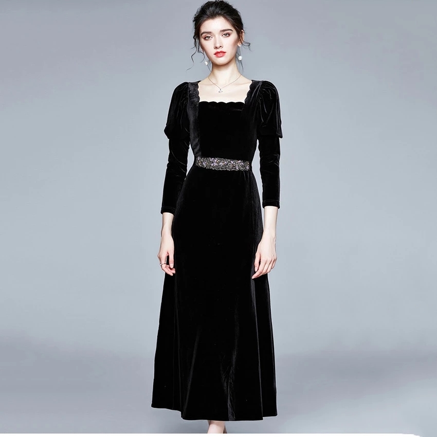 

ZAWFL Designer Dresses Runway Party Long French Style Puff Sleeve Vintage Black Velvet Dress Autumn Winter 210525, Picture color