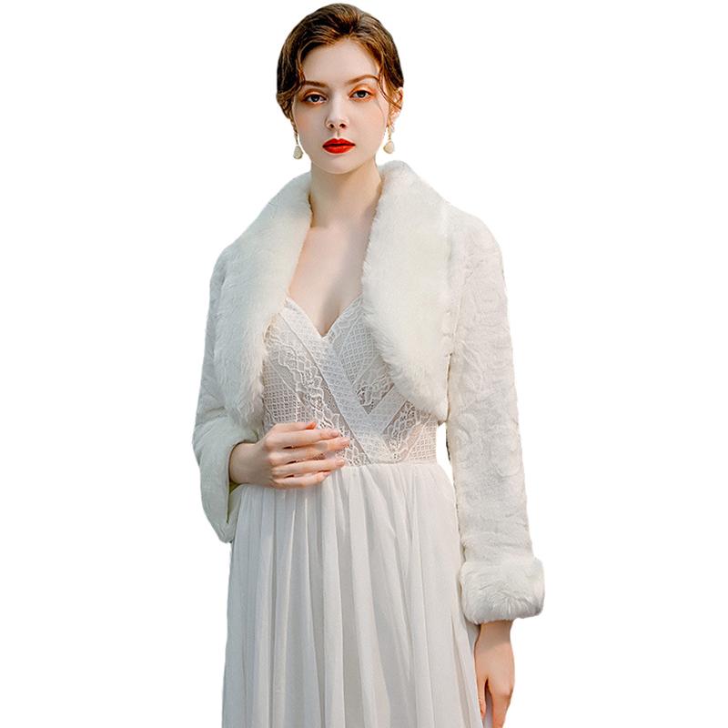 

Wraps & Jackets Winter Wedding Boleros Floral Embossing Faux Fur Warm Bridal Shrug Party Coat Women's 3/4 Sleeve Open Front, White
