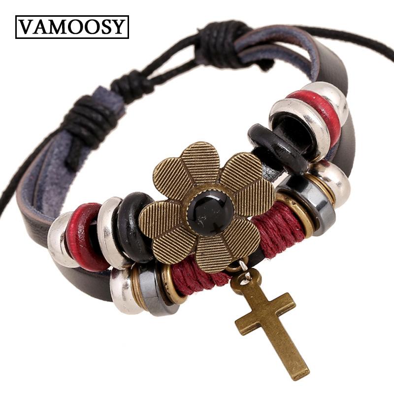 

Charm Bracelets Genuine Real Leather Cross & Bangles For Women Men Jewelry Size Adjustable Bohemia Rope Chain Bracelet Female, Golden;silver