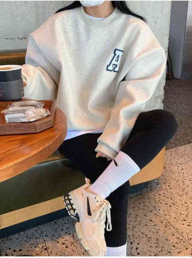 

women's hoodies & sweatshirts fashion autumn and winter simple age reduction college style loose letters flocking thick round neck, Black