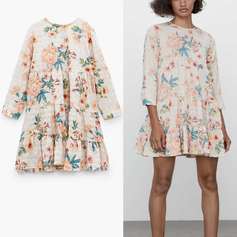 

Za Floral Print Mini Summer Dress Women Elegant Long Sleeve O Neck Party Dresses Woman Flounced Hem Vintage Pleated Vestido 210602, As picture